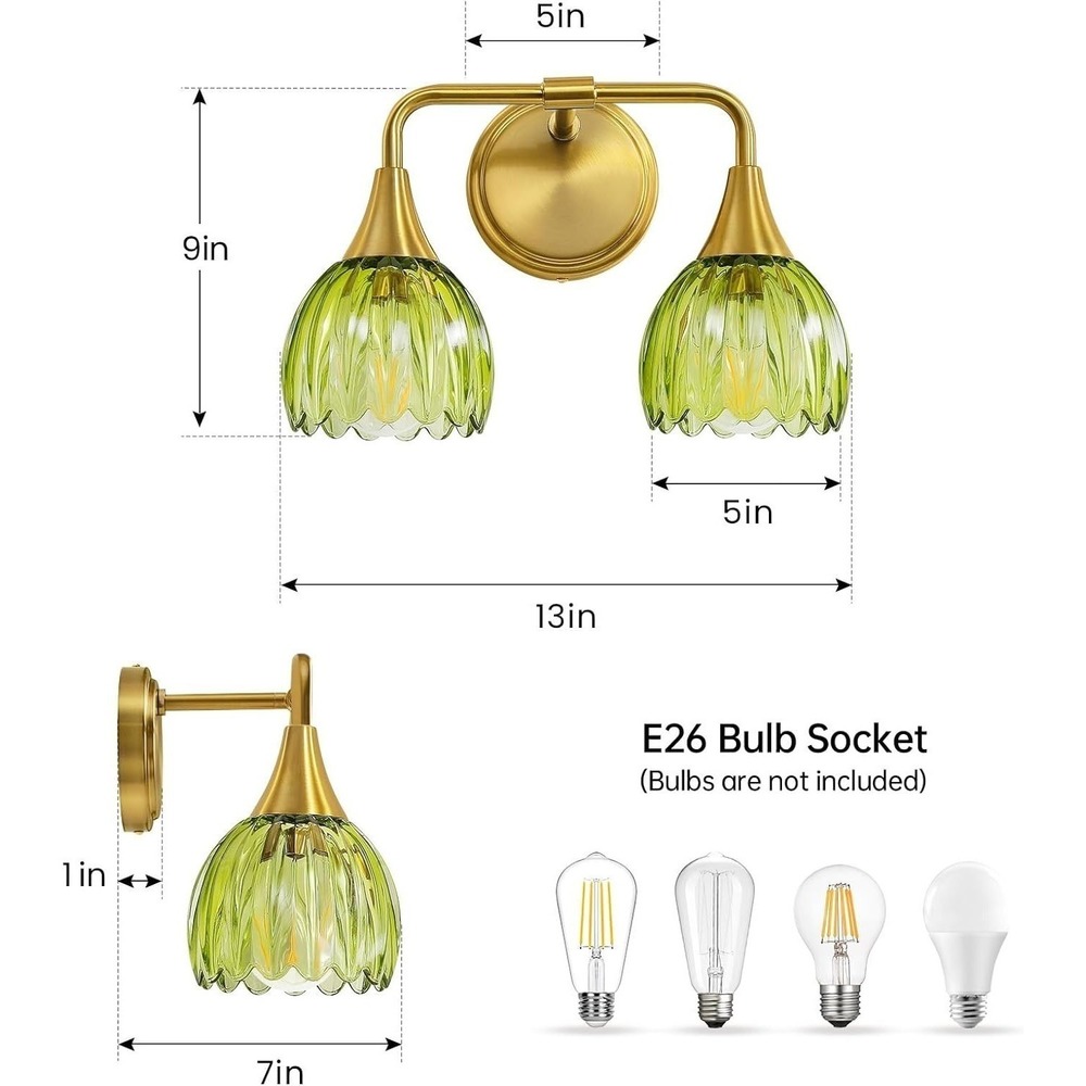 New 2-Light Vintage Vanity Fixtureโ Brushed Gold Green Tulip Glass Bathroom